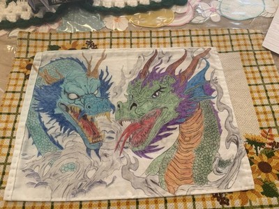 Original Paño Art Drawing Two Dragons Hand Drawn Colored Pencil Ink Fabric