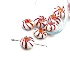 Red and White Mint Candy Glass Lampwork Beads, 17x17mm - US Seller