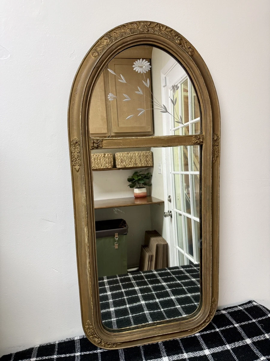 Antique 1920s Art Deco Arched Wall Mirror, Etched Floral Glass, Gold Gesso Frame