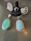 Vintage Sterling Silver Lot Of 5 Rings Pendants Rose Quartz Blue Stone