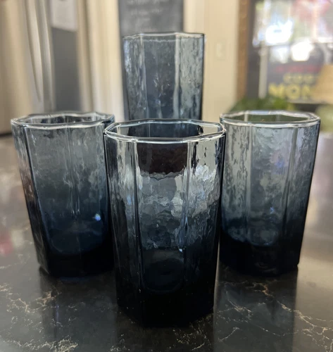 Libbey Vintage Dusky Blue Facets 5oz Juice Glasses Set Of (4)