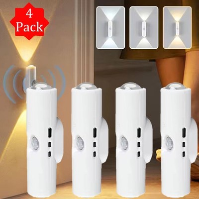 4-Pack Motion Sensor LED Night Light Rechargeable Magnetic Wall Lamp 3 Colors