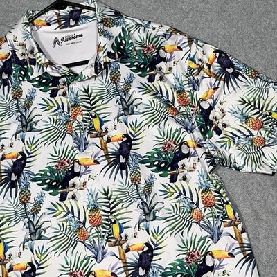 Royal & Awesome Polo Shirt Mens Large Tropical Stretch Parrot Pineapple Golf