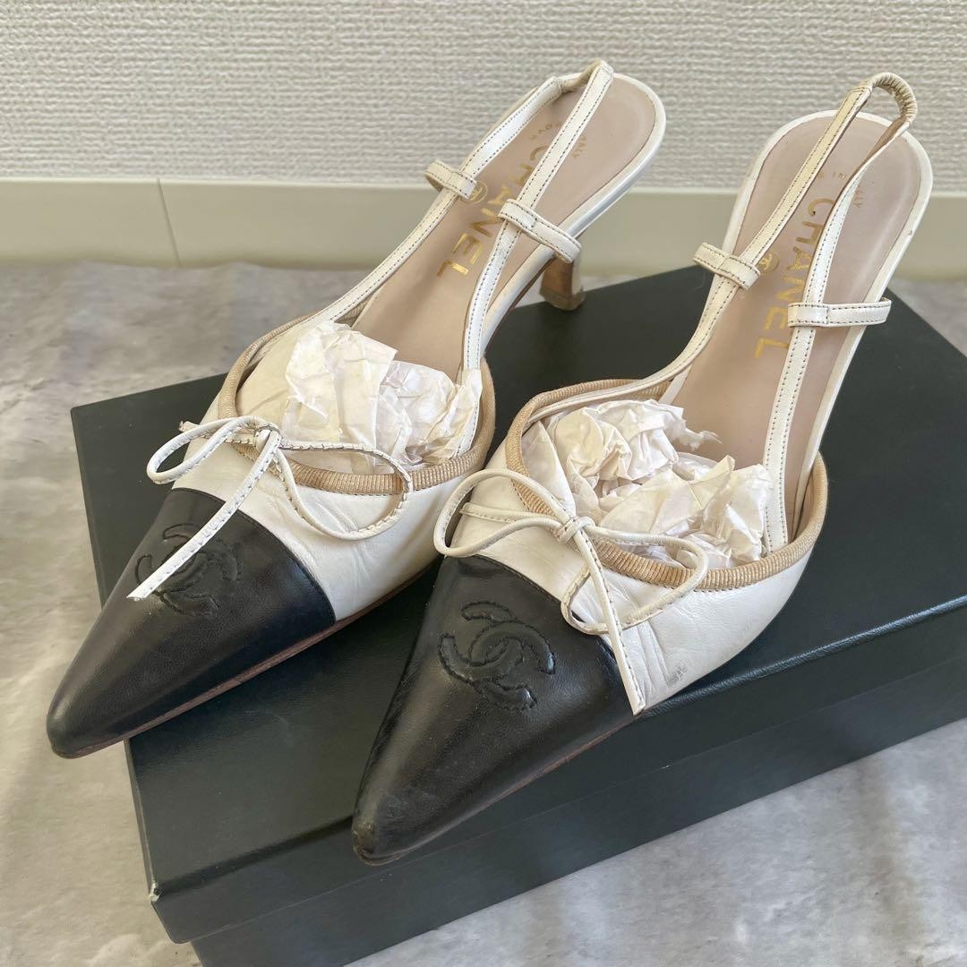 CHANEL Coco Mark Ribbon Slingback Mule Pumps