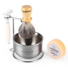 Badger Hair Shaving Brush with Wood Handle,Stainless Steel Razor Wood-Upgrade