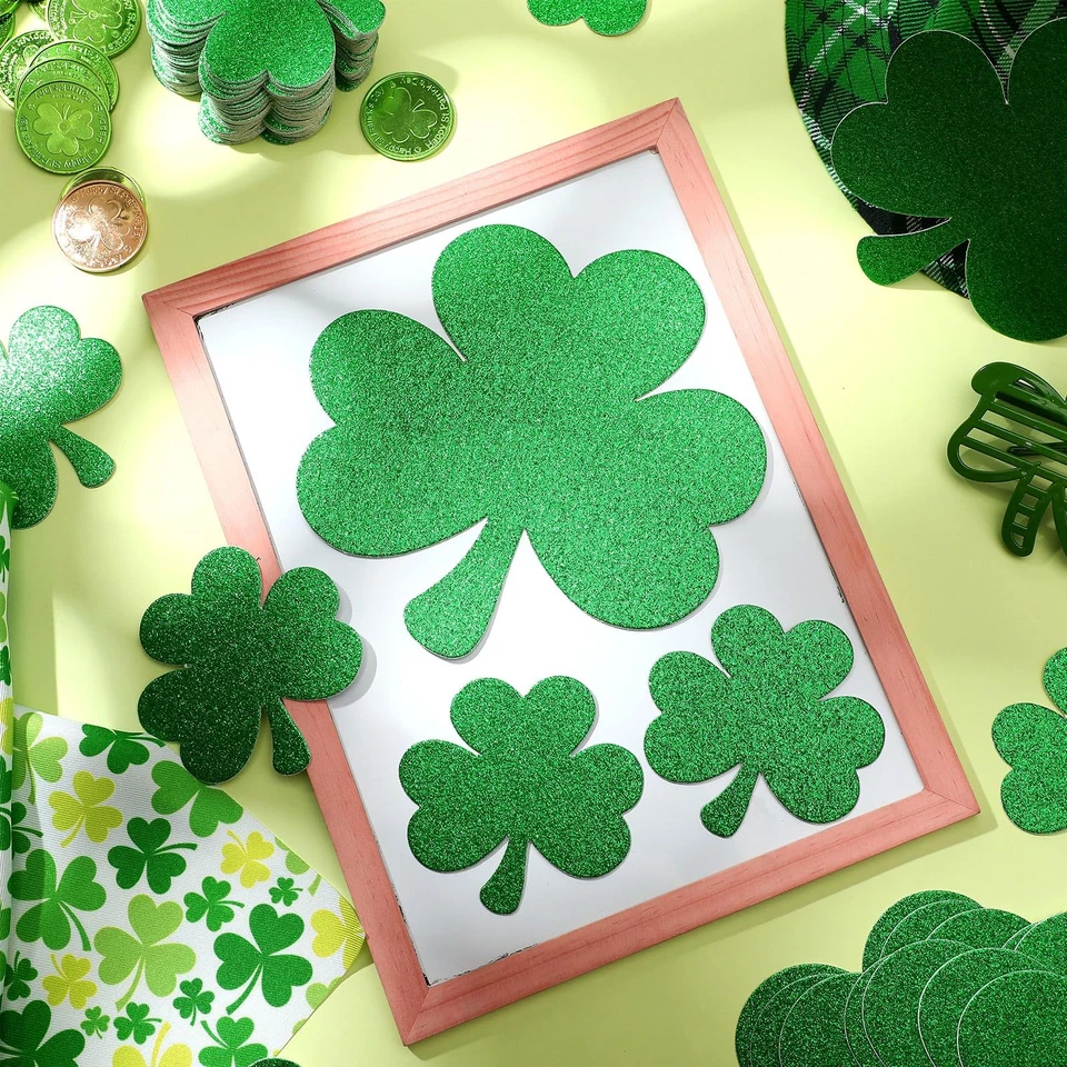 90 peças de recortes glitter dia de São Patrício 3 tamanhos papel trevos verde farsa... - Imagem 4 de 4