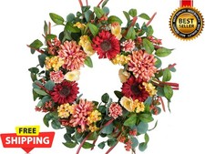24 Inch Artificial Spring/Summer Wreath for Front Door Sunflowers and Dahlias Wr