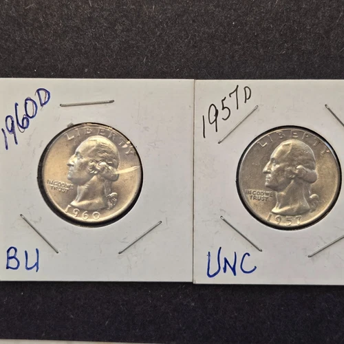 Lot of 2  Washington silver quarters.1957d 1960d Bu/Unc
