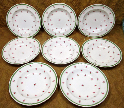 8 MINTONS England 7 3/4'' rimmed soup bowls w/pink roses/gold trim