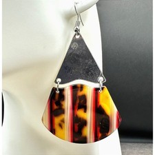 Vintage 80s Tortoiseshell Dangle Earrings Silver Tone Geometric Retro Statement