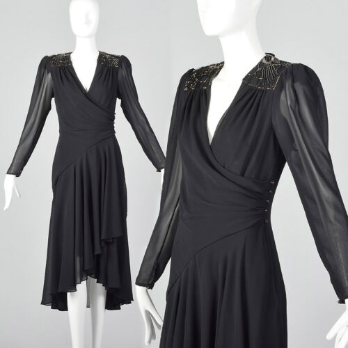XXS 1980s Casadei Black Sequin Wrap Dress Beaded Sheer VTG V Neck Cocktail Dress - Picture 1 of 10
