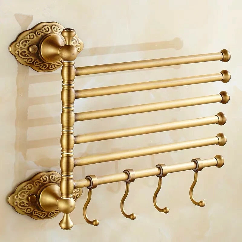 Bathroom Swivel Towel Bar with Hooks Wall Mounted 6 Arms Towel Rack Antique - Image 3 of 4