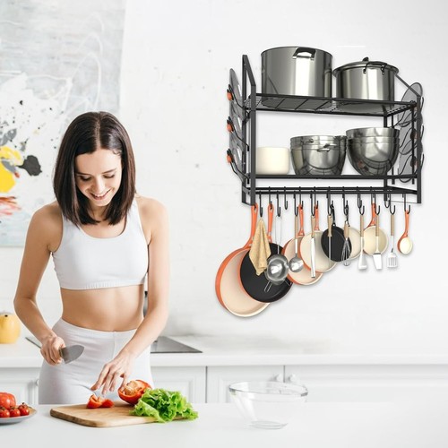 2 Tier Heavy Duty Steel Pot Rack Pan Hanger for Kitchen Storage Wall Mounted - Picture 10 of 15