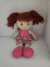 Homerbest Rag Doll Plush Girl 16" Brown Yarn Hair Blue Eyes Pink Floral Dress