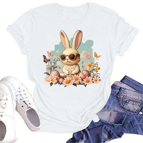 Happy Easter Women's Fashion Printed Round Neck Short Sleeve T-Shirt Pullover - Picture 31 of 33