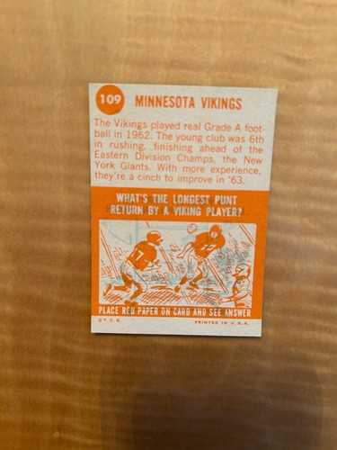 1963 TOPPS FOOTBALL #109 MINNESOTA VIKINGS TEAM!! $1 SHIPPING!! - Picture 2 of 2