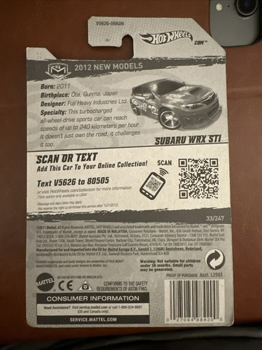 2012 Hot Wheels Walmart Redline #33 New Models 33/50 SUBARU WRX STI Red w/RL5Sp - Picture 2 of 2