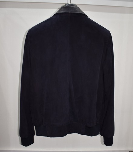 Kiton Genuine Suede Navy Blue Embossed Leather Trim Men's Bomber Jacket - Picture 3 of 4