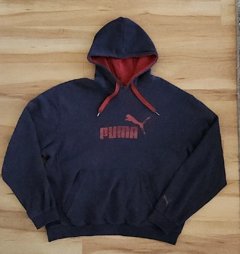 PUMA Men s Fleece Hoodie Essentials Size M Navy Red Logo Puma Lines