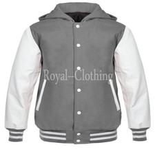 Varsity Letterman baseball Grey Wool and white Genuine leather Sleeves Hoodie