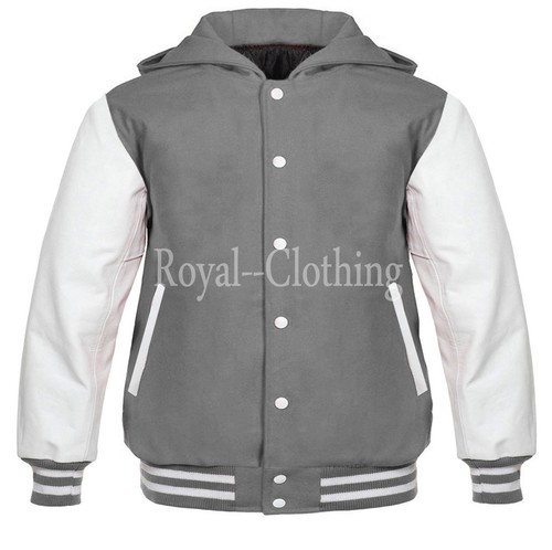 Varsity Letterman Béisbol Gris Lana y Blanco Cuero Genuino Mangas Sudadera con Capucha - Imagen 1 de 2