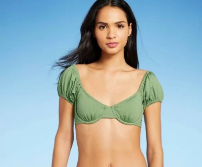 Juniors' Medium (4-6) Puff Sleeve Underwire Bikini Top - Xhilaration Sage Green