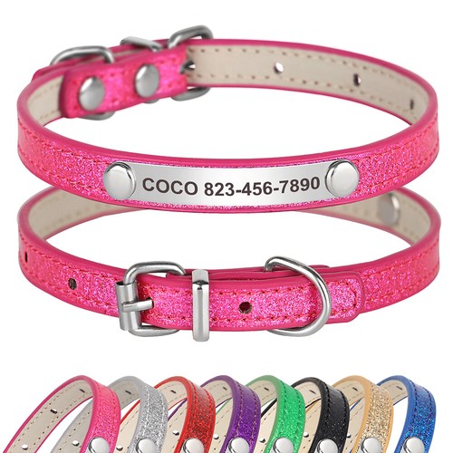 Personalized Dog Collar Bling Sequins PU Leather Pet Puppy Name ID Tag Engraved