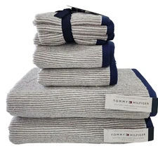 Tommy Hilfiger 8pc Striped Cotton Towel Set White Navy Gray Bath Hand Washcloths