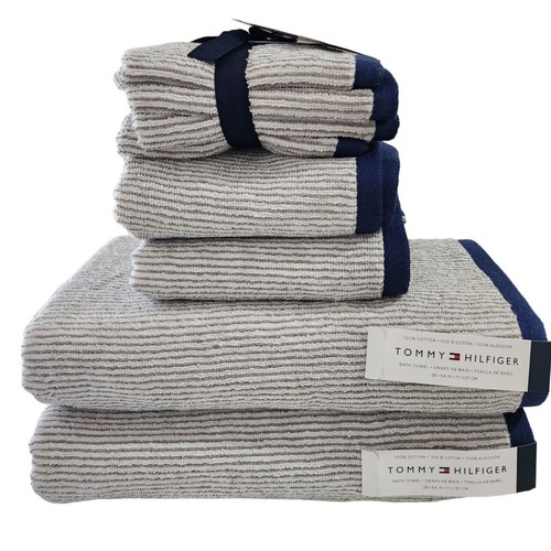 Tommy Hilfiger 8pc Striped Cotton Towel Set White Navy Gray Bath Hand Washcloths
