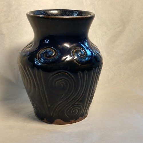 Artisan Stoneware Hand Thrown Pottery Signed Dated Cobalt Blue Spiral Motifs - Picture 7 of 11