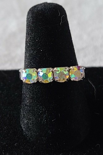 Silver Tone Square Shaped Ring With Iridescent Colored Stones Size 7 J2-654 - Picture 4 of 6