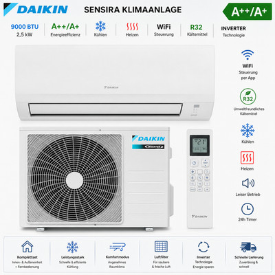 Daikin Sensira Split-Klimaanlage 2,5 kW 9000 BTU Inverter WLAN R32 Kühlen Heizen