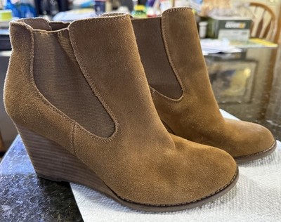 Lucky Brand Camel Wedge Booties Katana Suede Leather 8M Or 38.5