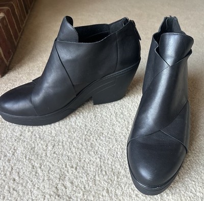 Eileen Fisher Boots Womens 11 M Cosmos Wedge Ankle Bootie Black Leather Back Zip