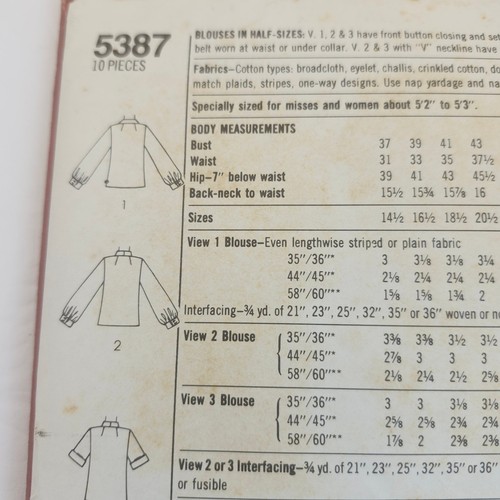 Simplicity Vintage 5387 Muster 1981 Bluse Top Größe 18,5 ungeschnitten klassisch - Bild 3 von 6