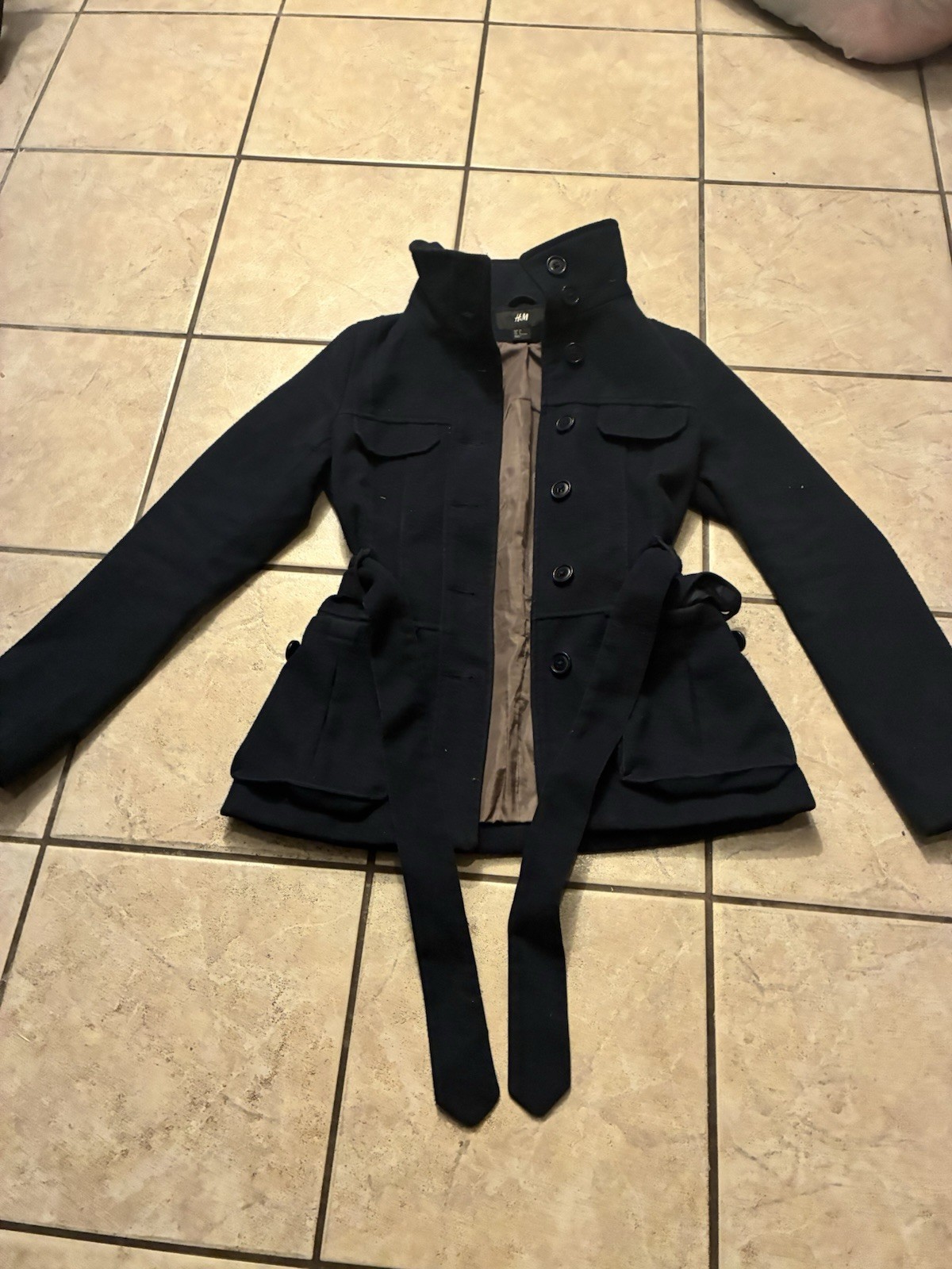 HM Womens Size 4 Black Belted Button Up Pea Coat Ribbed Winter Jacket-image