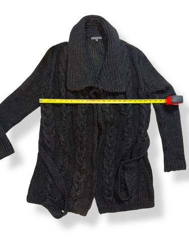 VINCE Maglione Cardigan Lana Yak Nero Maglia a Cavo, con Cintura Tg M - Foto 11 di 12