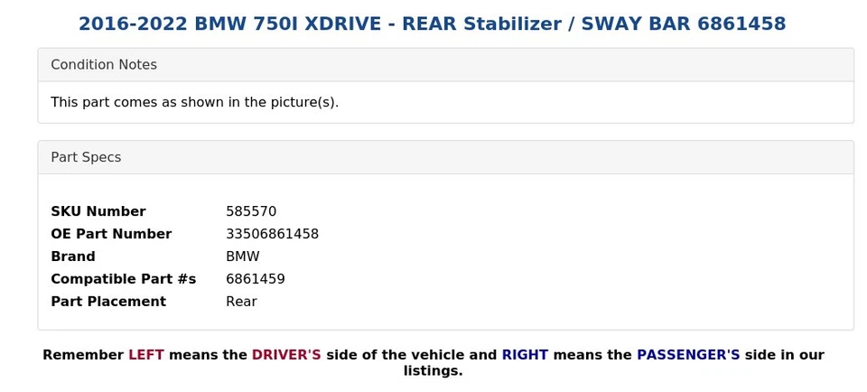 BMW 750I XDRIVE 2016-2022 - Estabilizador trasero / Barra estabilizadora 6861458 Foto 4 de 4