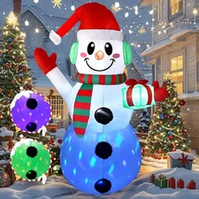 TCFUNDY 6 FT Christmas Inflatables Snowman with Gift, Built-in Rotating White 