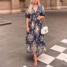 Zimmermann Zinnia Dress Size 1 AU 10/ US 6 Shirred Waist Floral Linen Midi