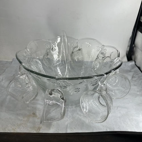 Vintage Anchor Hocking Savannah Punch Bowl Set Clear Floral Embossed 2 Gal 8 Cup