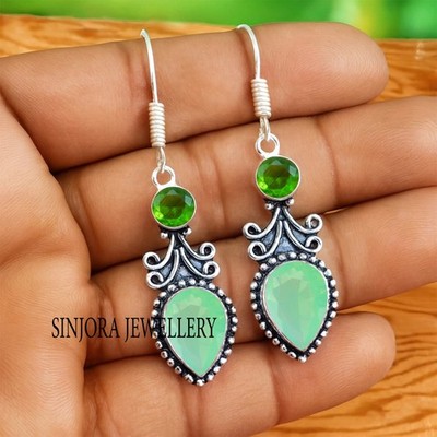 Pacific Opal and Peridot stone 925 sterling silver handmade Dangle Earrings 2''