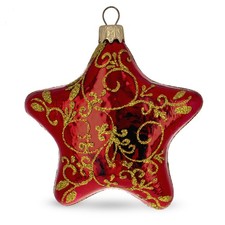 Glossy Red Star with Gold Pattern Glass Ornament