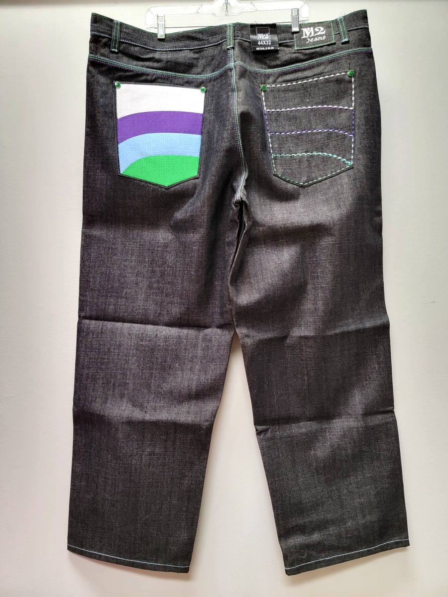 Vintage Y2K M2 Jeans Mens 44x32 Baggy Embroidered Raw Denim