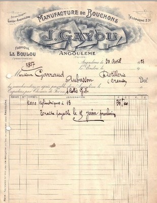 ANGOULEME, LE BOULOU - RECHNUNG JEAN GAYOU, MANUFAKTUR VON KORKEN, 1921