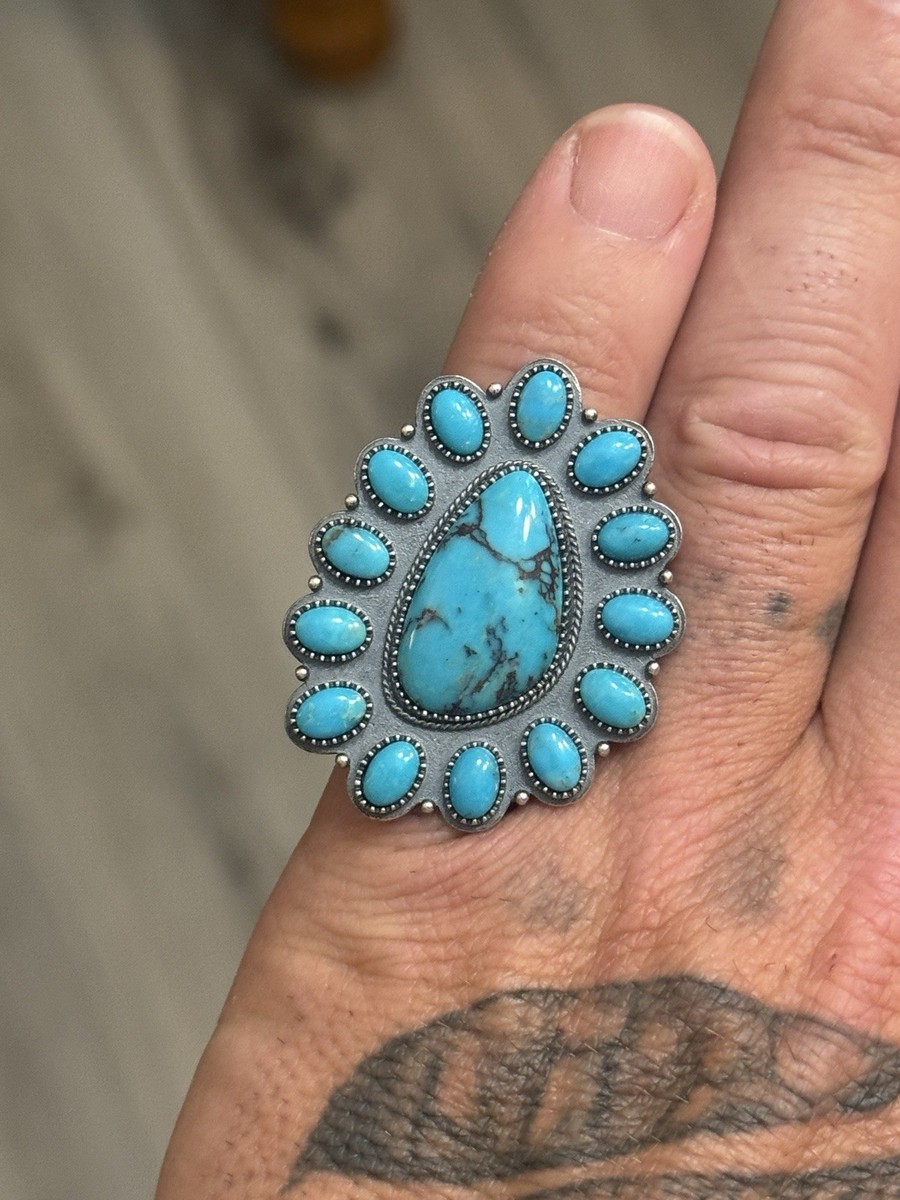 STERLING SILVER NATIVE AMERICAN KINGMAN TURQUOISE FLOWER CLUSTER