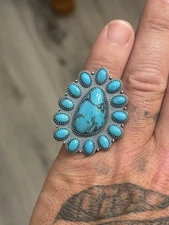 STERLING SILVER NATIVE AMERICAN KINGMAN TURQUOISE FLOWER CLUSTER RING SZ 8 1/4