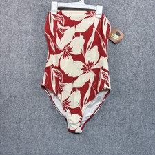 S-11 Women's Red Floral Print Bandeau High Leg Cheeky One Piece Swimsuit - M