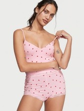 Victoria's Secret Cropped Modal Lace Cami Set 2 Pc Sleep Pajama S Red Lips Pink