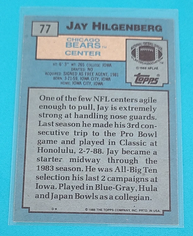 1988 Topps #77 Jay Hilgenberg Chicago Bears FOOTBALL Card D9 - Image 2 of 2